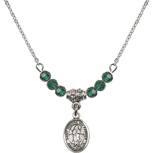 Sterling Silver Saint Isidore the Farmer Birthstone Necklace with Emerald Beads - 9276
