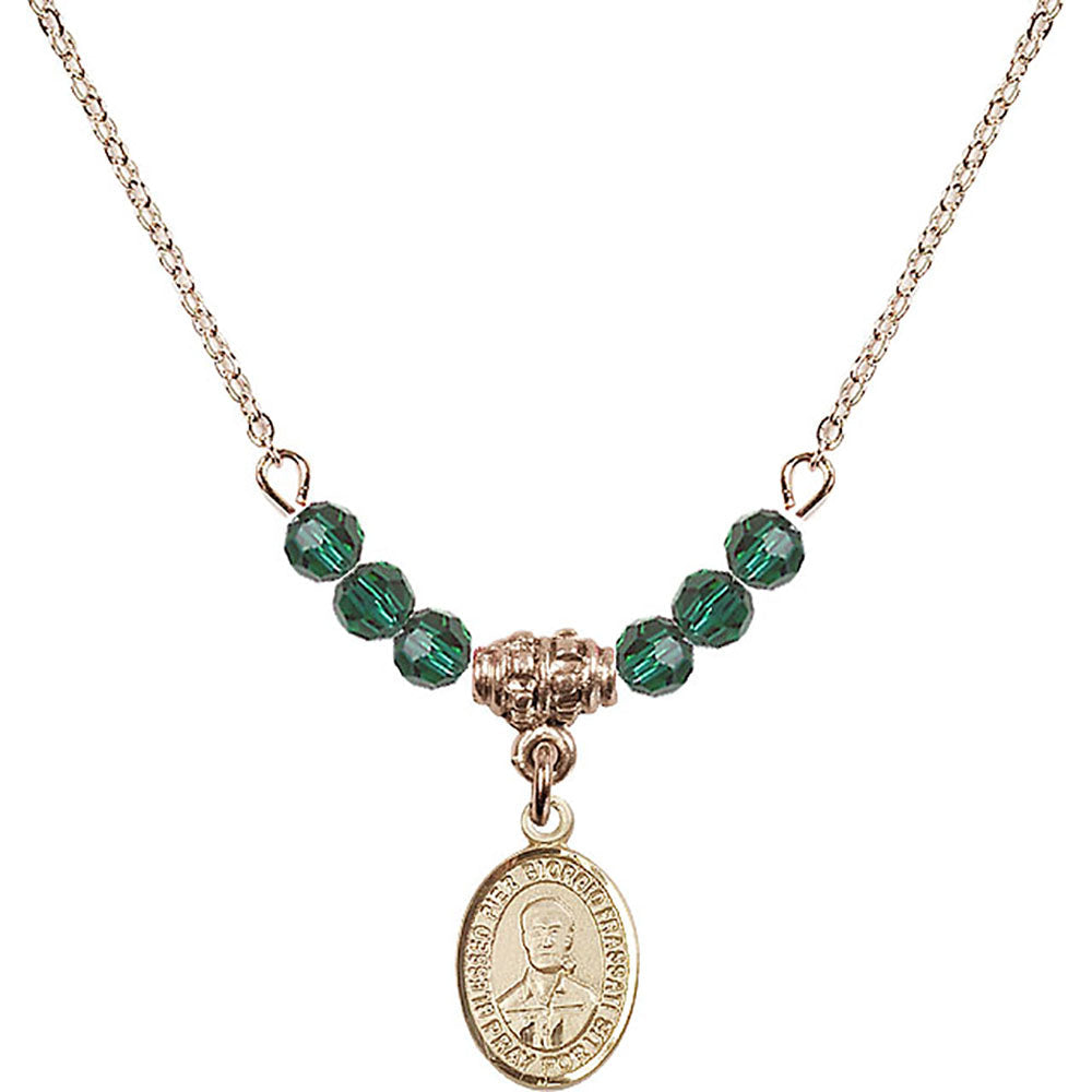 14kt Gold Filled Blessed Pier Giorgio Frassati Birthstone Necklace with Emerald Beads - 9278