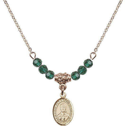 14kt Gold Filled Blessed Pier Giorgio Frassati Birthstone Necklace with Emerald Beads - 9278