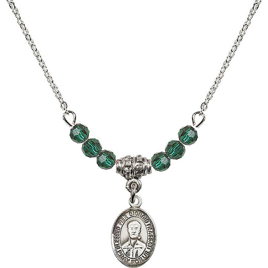 Sterling Silver Blessed Pier Giorgio Frassati Birthstone Necklace with Emerald Beads - 9278
