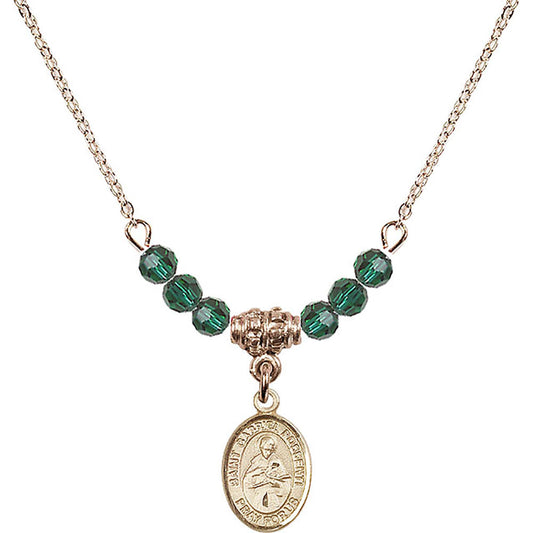 14kt Gold Filled Saint Gabriel Possenti Birthstone Necklace with Emerald Beads - 9279
