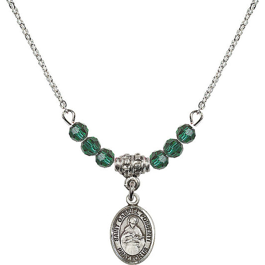 Sterling Silver Saint Gabriel Possenti Birthstone Necklace with Emerald Beads - 9279