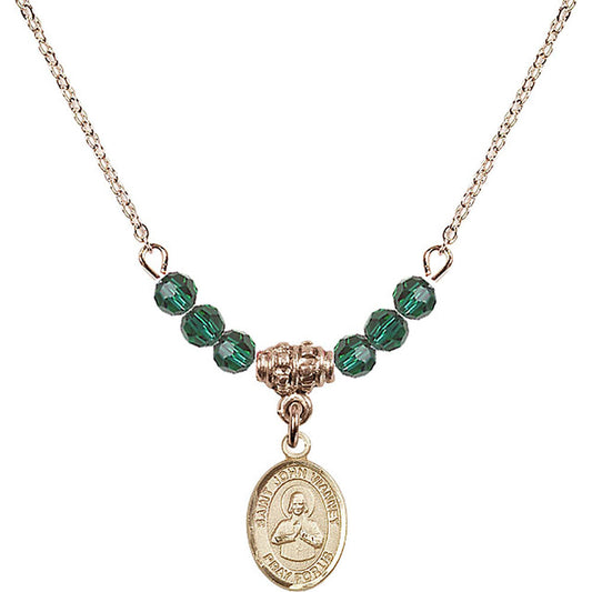 14kt Gold Filled Saint John Vianney Birthstone Necklace with Emerald Beads - 9282