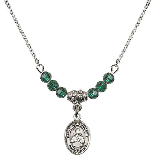 Sterling Silver Saint John Vianney Birthstone Necklace with Emerald Beads - 9282