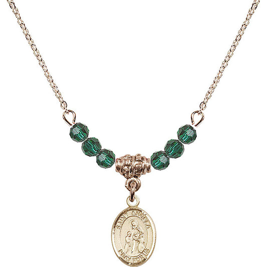 14kt Gold Filled Saint Angela Merici Birthstone Necklace with Emerald Beads - 9284