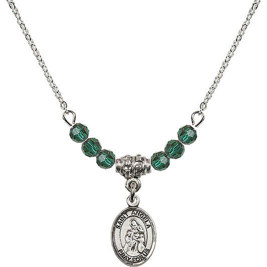 Sterling Silver Saint Angela Merici Birthstone Necklace with Emerald Beads - 9284