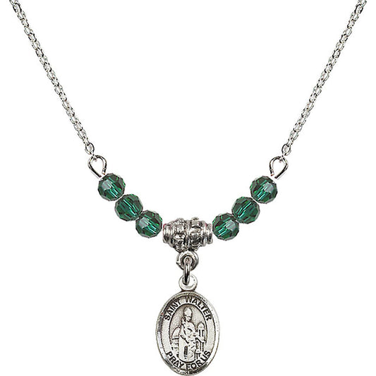 Sterling Silver Saint Walter of Pontoise Birthstone Necklace with Emerald Beads - 9285