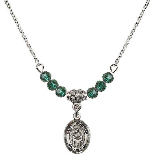 Sterling Silver Saint Deborah Birthstone Necklace with Emerald Beads - 9286
