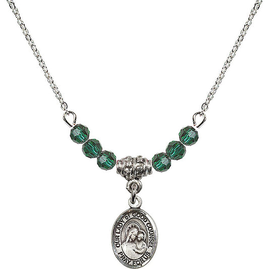 Sterling Silver Our Lady of Good Counsel Birthstone Necklace with Emerald Beads - 9287
