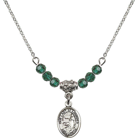 Sterling Silver Our Lady of Lourdes Birthstone Necklace with Emerald Beads - 9288