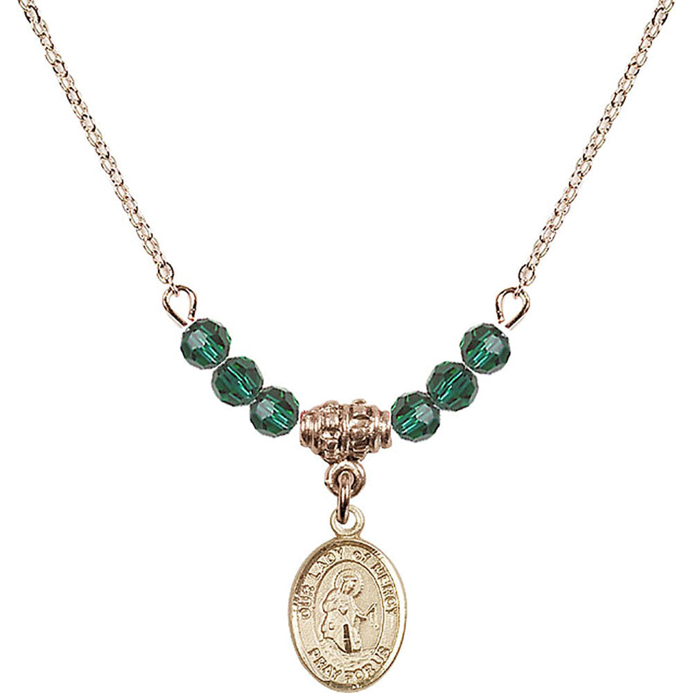 14kt Gold Filled Our Lady of Mercy Birthstone Necklace with Emerald Beads - 9289