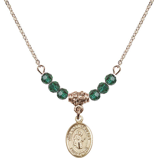 14kt Gold Filled Our Lady of Mercy Birthstone Necklace with Emerald Beads - 9289
