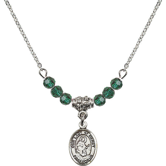 Sterling Silver Our Lady of Mercy Birthstone Necklace with Emerald Beads - 9289