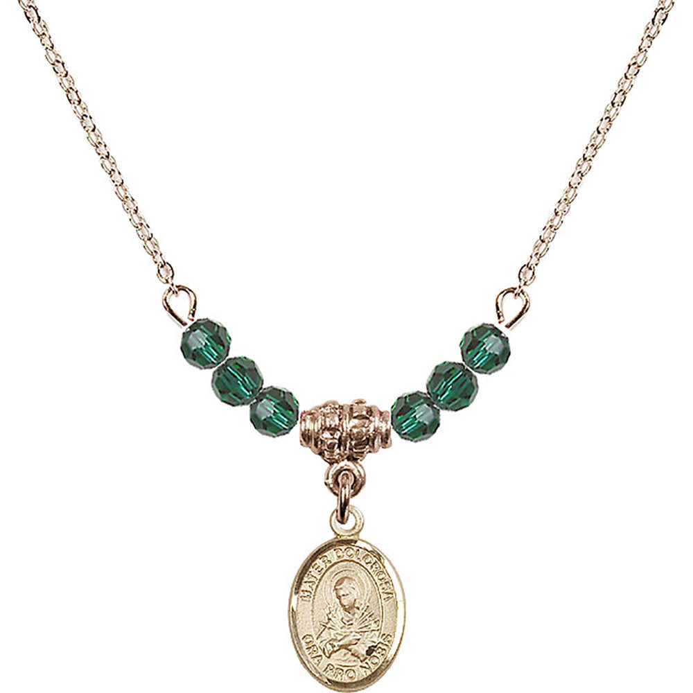 14kt Gold Filled Mater Dolorosa Birthstone Necklace with Emerald Beads - 9290