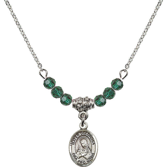 Sterling Silver Mater Dolorosa Birthstone Necklace with Emerald Beads - 9290