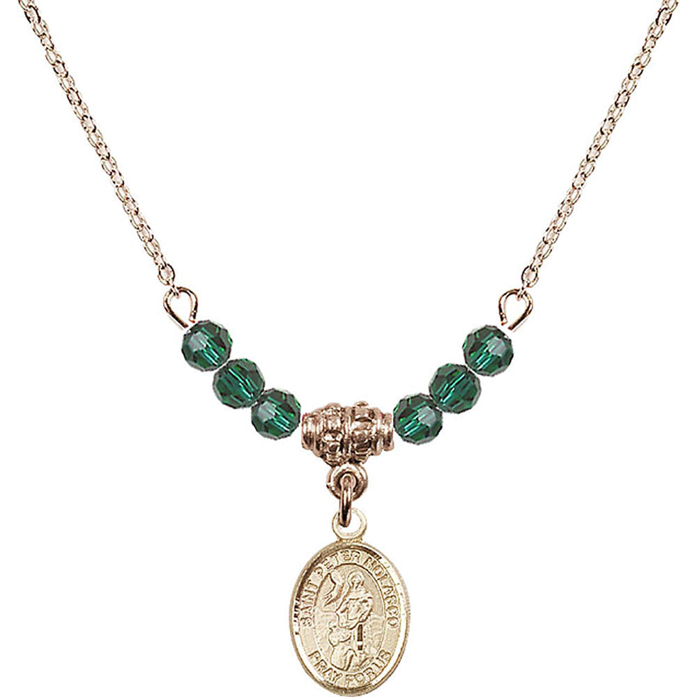 14kt Gold Filled Saint Peter Nolasco Birthstone Necklace with Emerald Beads - 9291