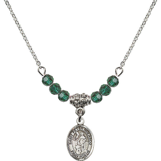Sterling Silver Saint Peter Nolasco Birthstone Necklace with Emerald Beads - 9291