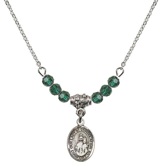 Sterling Silver Our Lady of Consolation Birthstone Necklace with Emerald Beads - 9292