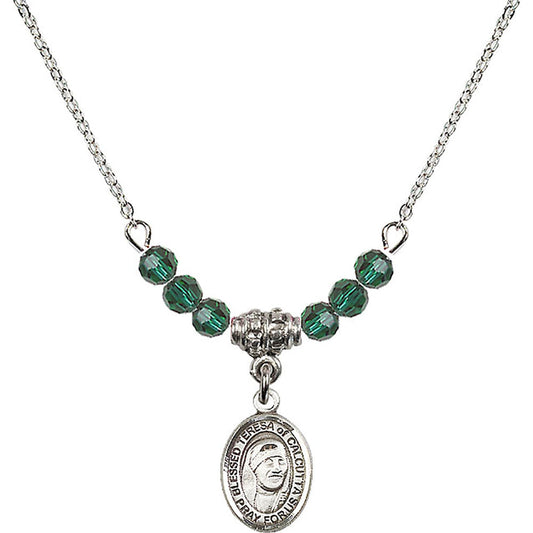 Sterling Silver Saint Teresa of Calcutta Birthstone Necklace with Emerald Beads - 9295