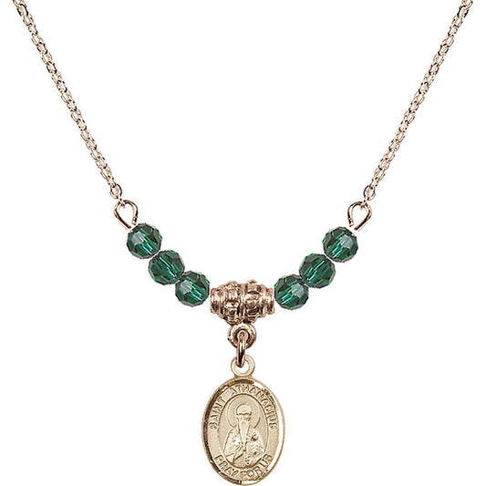 14kt Gold Filled Saint Athanasius Birthstone Necklace with Emerald Beads - 9296