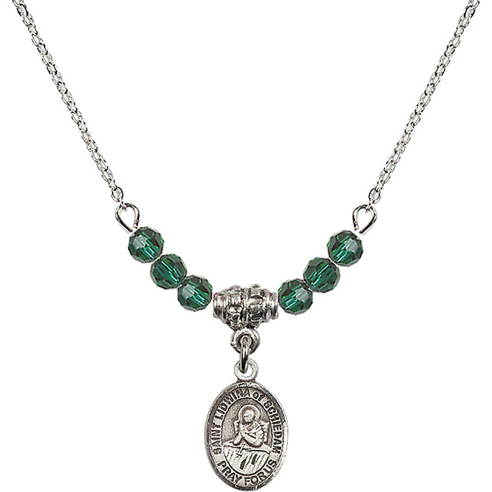 Sterling Silver Saint Lidwina of Schiedam Birthstone Necklace with Emerald Beads - 9297