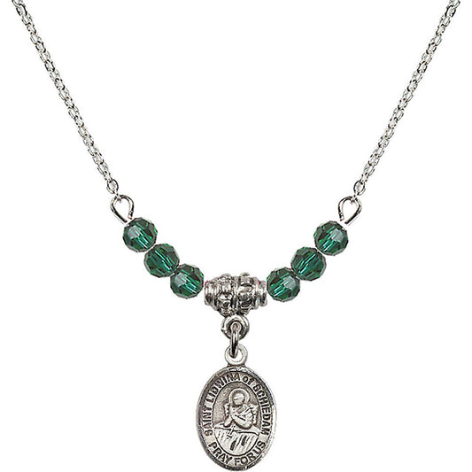 Sterling Silver Saint Lidwina of Schiedam Birthstone Necklace with Emerald Beads - 9297