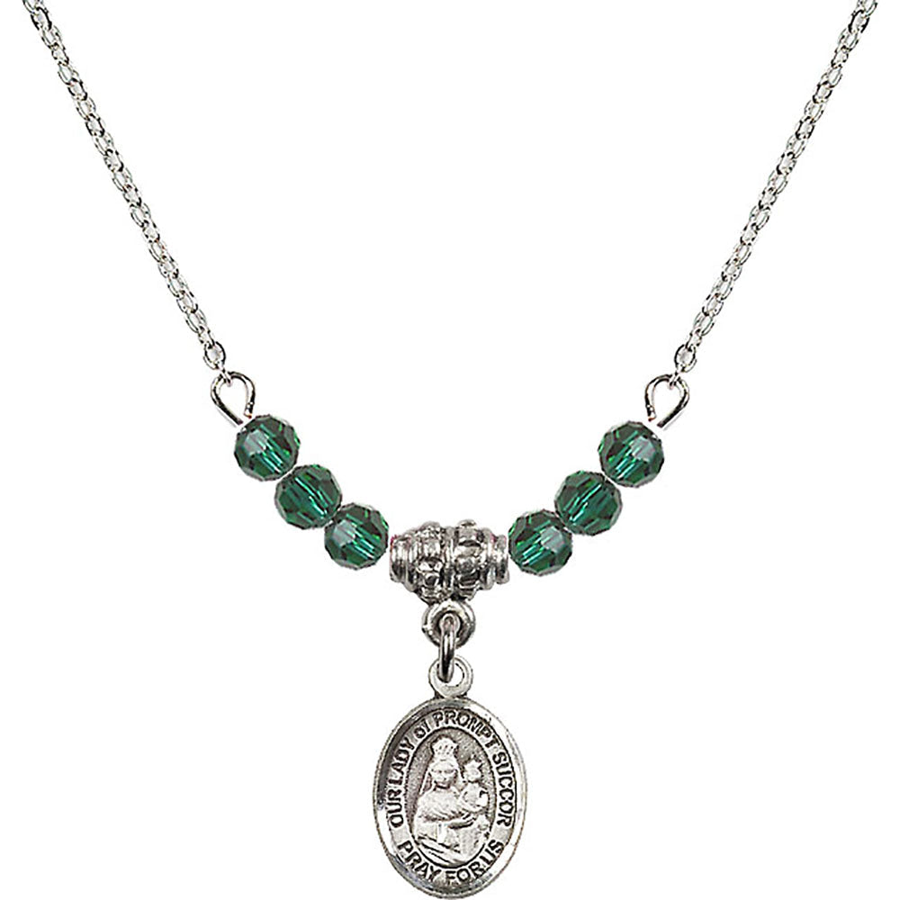 Sterling Silver Our Lady of Prompt Succor Birthstone Necklace with Emerald Beads - 9299