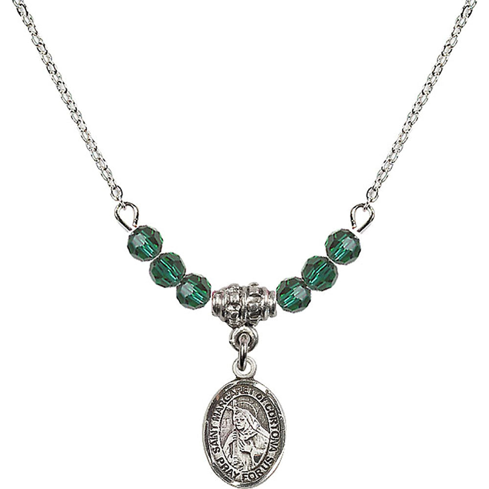 Sterling Silver Saint Margaret of Cortona Birthstone Necklace with Emerald Beads - 9301