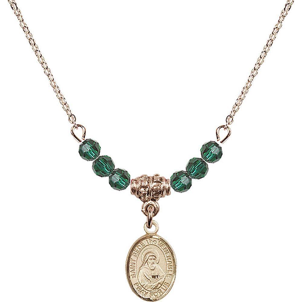 14kt Gold Filled Saint Bede the Venerable Birthstone Necklace with Emerald Beads - 9302