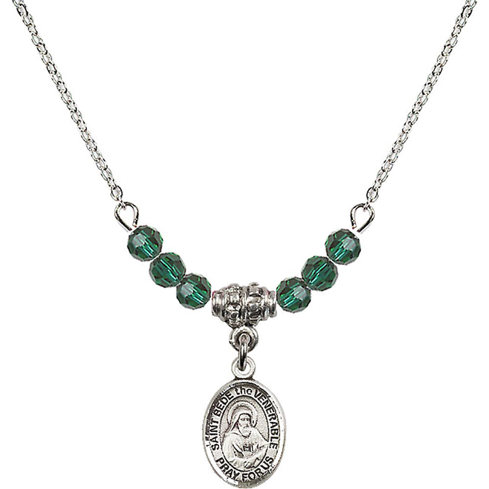 Sterling Silver Saint Bede the Venerable Birthstone Necklace with Emerald Beads - 9302
