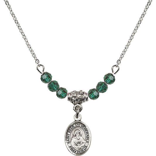Sterling Silver Saint Bede the Venerable Birthstone Necklace with Emerald Beads - 9302