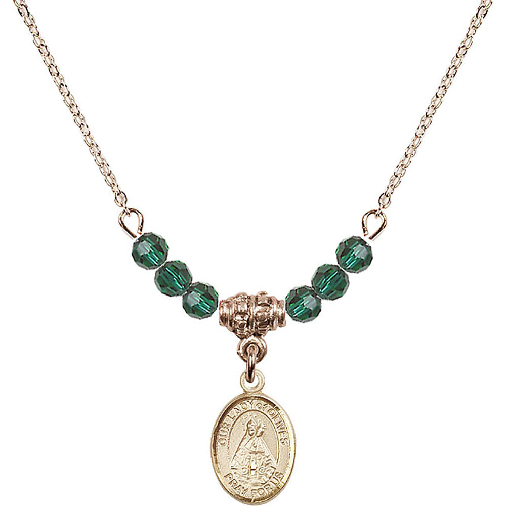 14kt Gold Filled Our Lady of Olives Birthstone Necklace with Emerald Beads - 9303