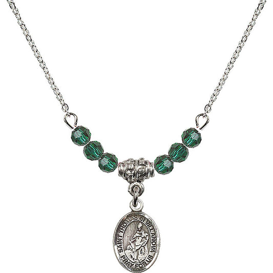 Sterling Silver Saint Thomas of Villanova Birthstone Necklace with Emerald Beads - 9304