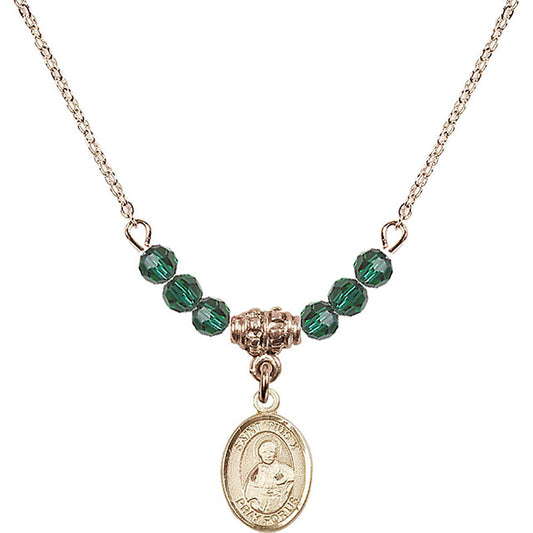 14kt Gold Filled Saint Pius X Birthstone Necklace with Emerald Beads - 9305