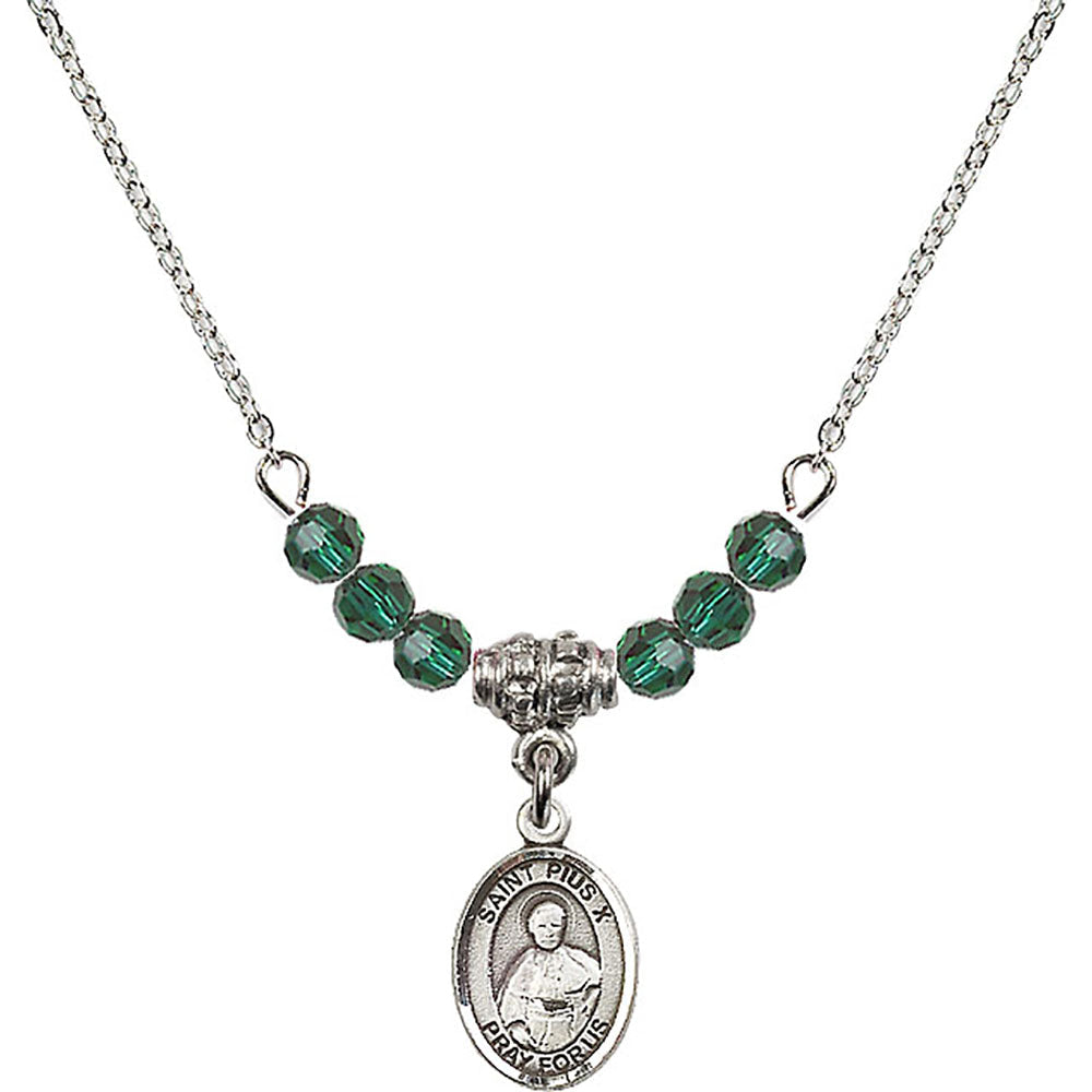 Sterling Silver Saint Pius X Birthstone Necklace with Emerald Beads - 9305