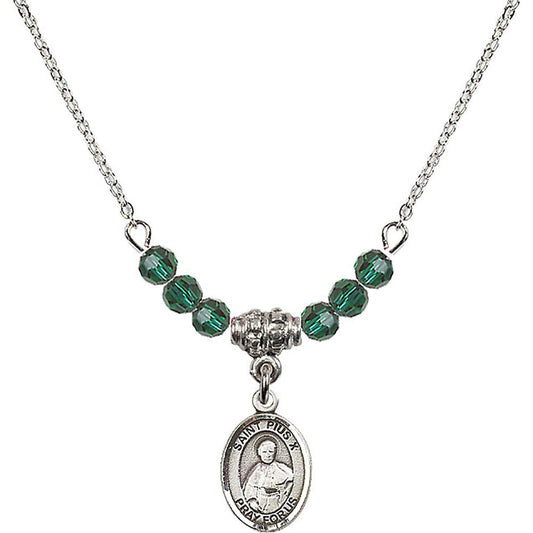 Sterling Silver Saint Pius X Birthstone Necklace with Emerald Beads - 9305