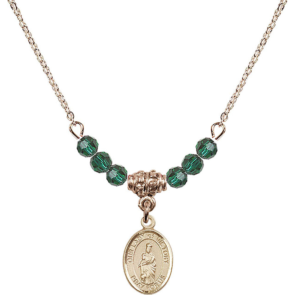 14kt Gold Filled Our Lady of Victory Birthstone Necklace with Emerald Beads - 9306