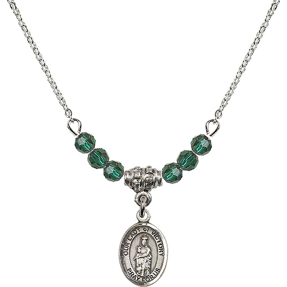 Sterling Silver Our Lady of Victory Birthstone Necklace with Emerald Beads - 9306