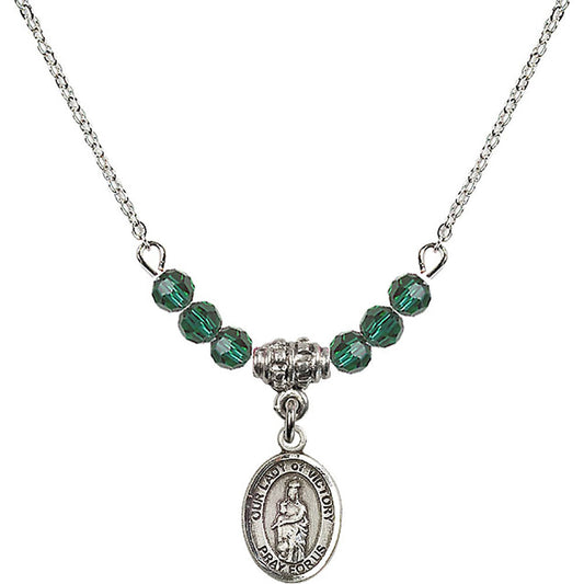 Sterling Silver Our Lady of Victory Birthstone Necklace with Emerald Beads - 9306