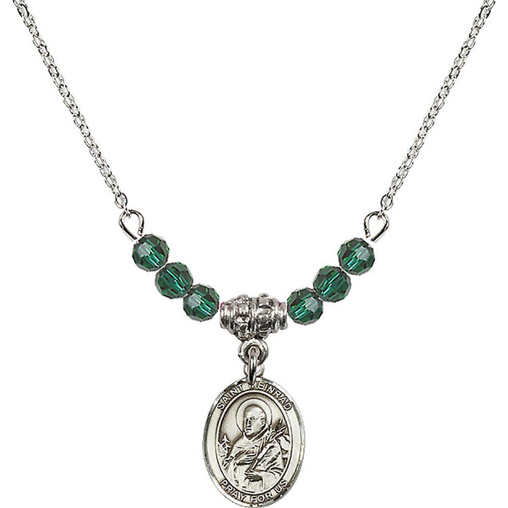 Sterling Silver Saint Meinrad of Einsiedeln Birthstone Necklace with Emerald Beads - 9307