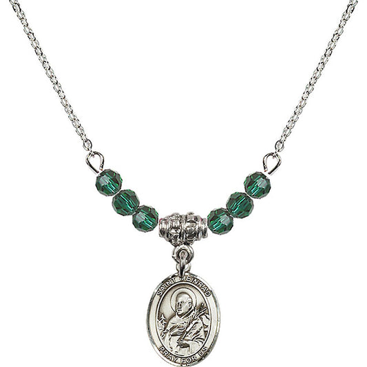 Sterling Silver Saint Meinrad of Einsiedeln Birthstone Necklace with Emerald Beads - 9307