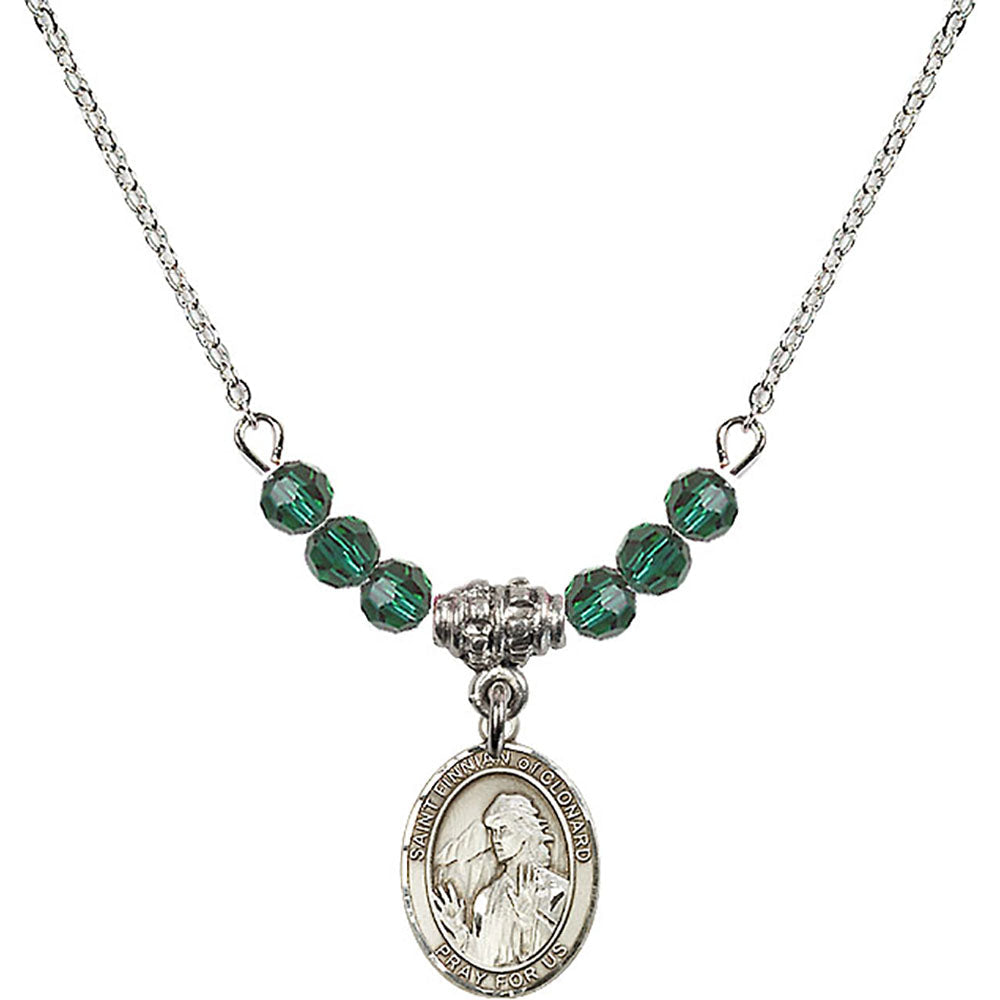 Sterling Silver Saint Finnian of Clonard Birthstone Necklace with Emerald Beads - 9308