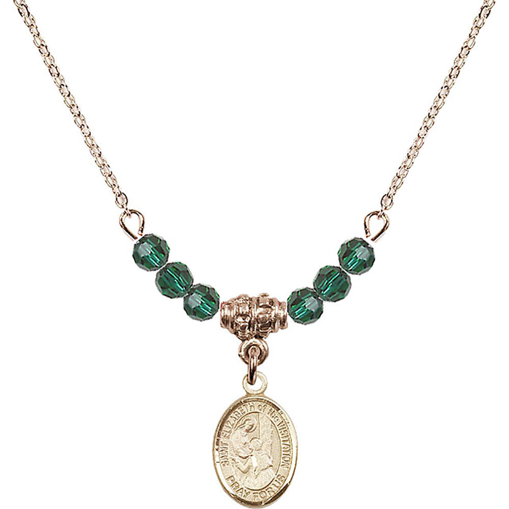 14kt Gold Filled Saint Elizabeth of the Visitation Birthstone Necklace with Emerald Beads - 9311
