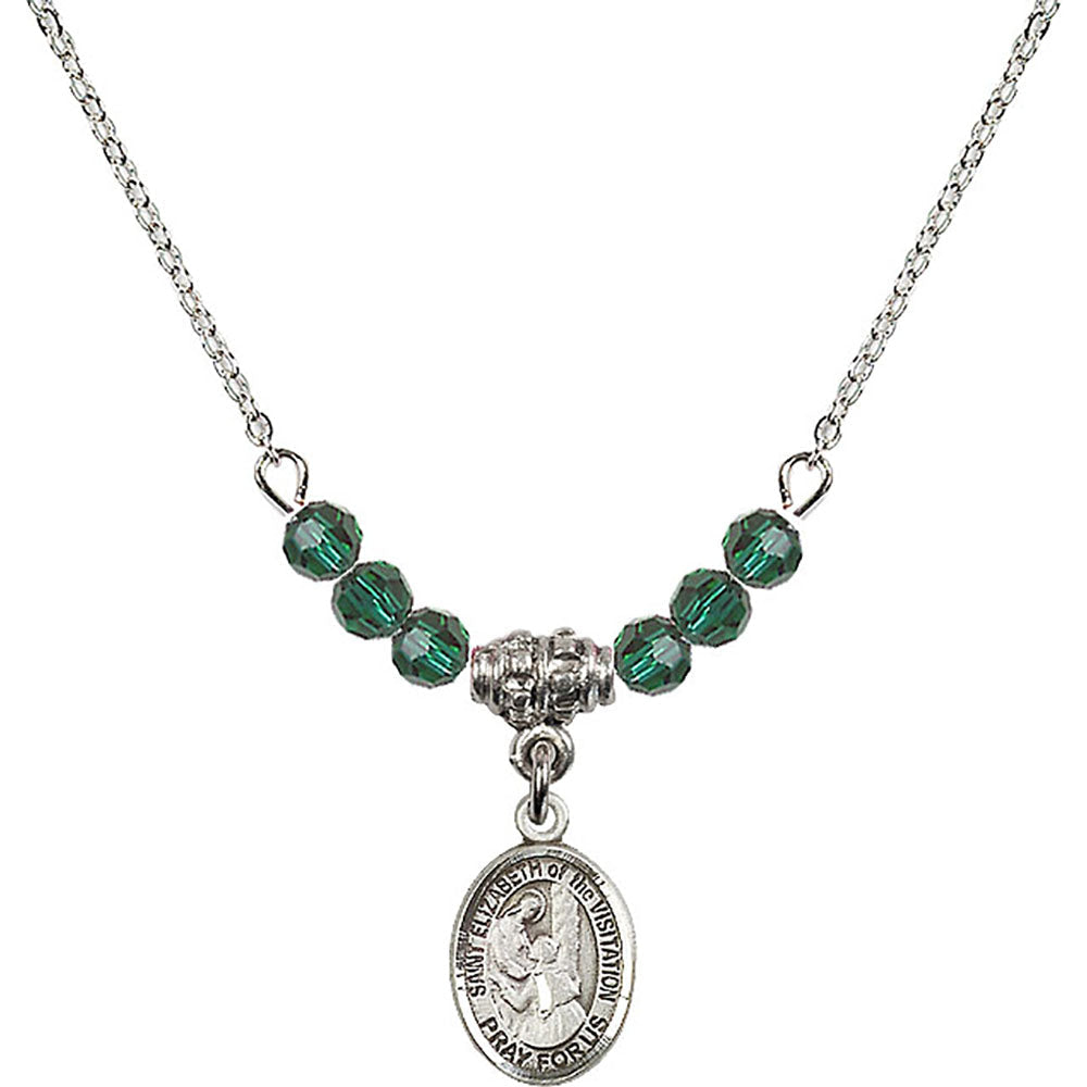 Sterling Silver Saint Elizabeth of the Visitation Birthstone Necklace with Emerald Beads - 9311