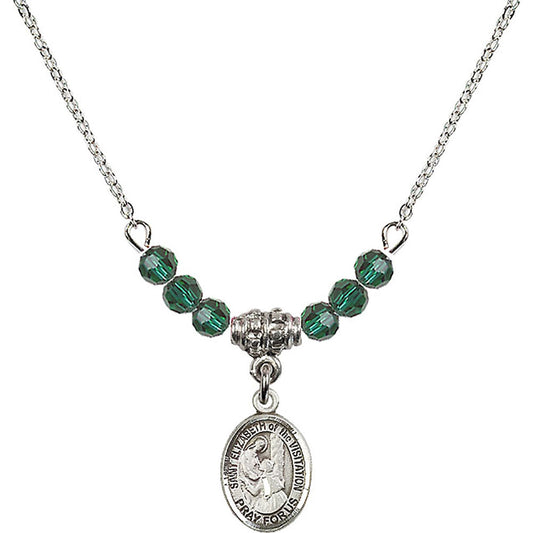 Sterling Silver Saint Elizabeth of the Visitation Birthstone Necklace with Emerald Beads - 9311