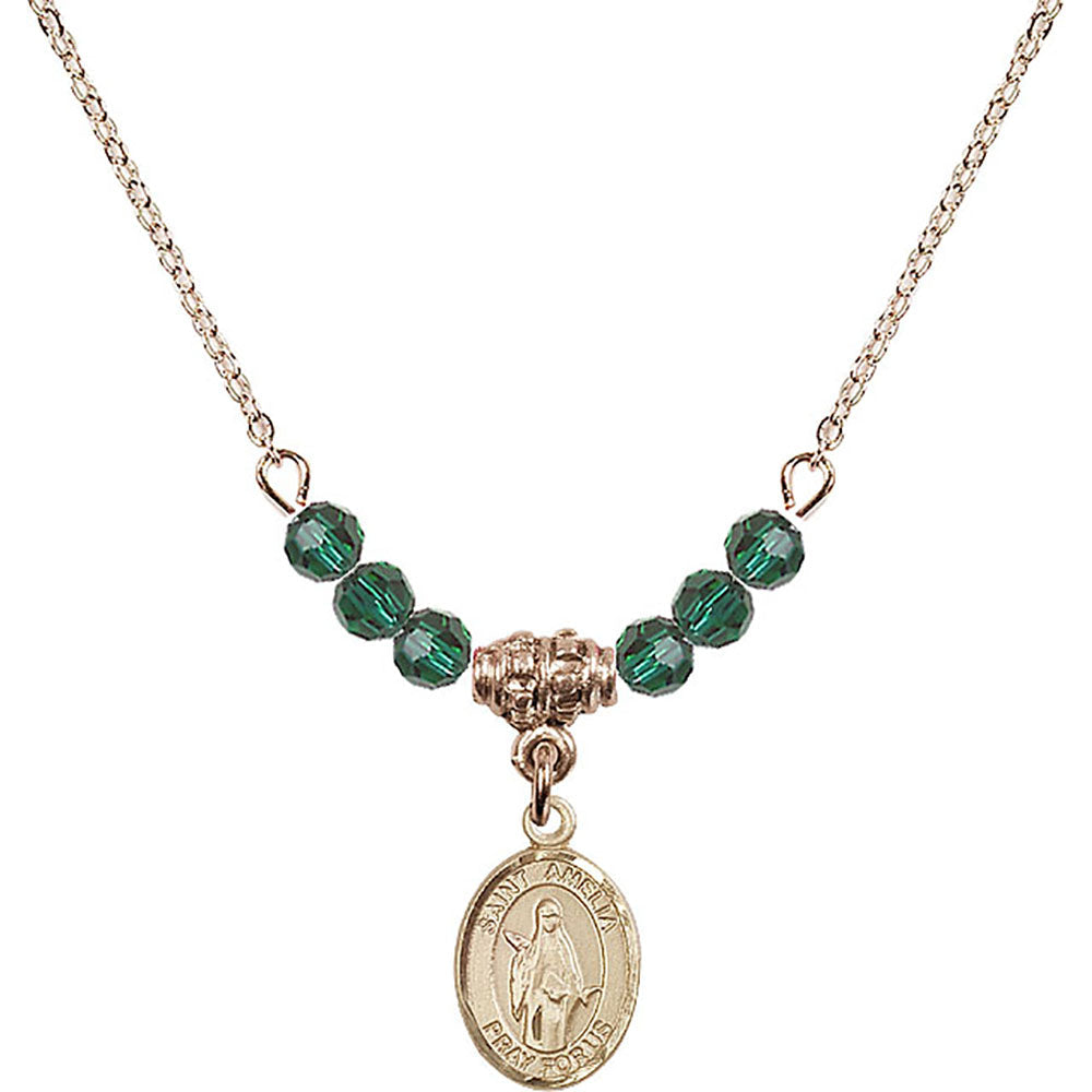 14kt Gold Filled Saint Amelia Birthstone Necklace with Emerald Beads - 9313