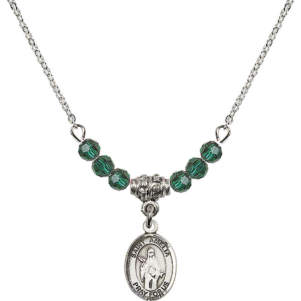 Sterling Silver Saint Amelia Birthstone Necklace with Emerald Beads - 9313