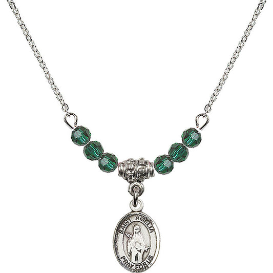 Sterling Silver Saint Amelia Birthstone Necklace with Emerald Beads - 9313