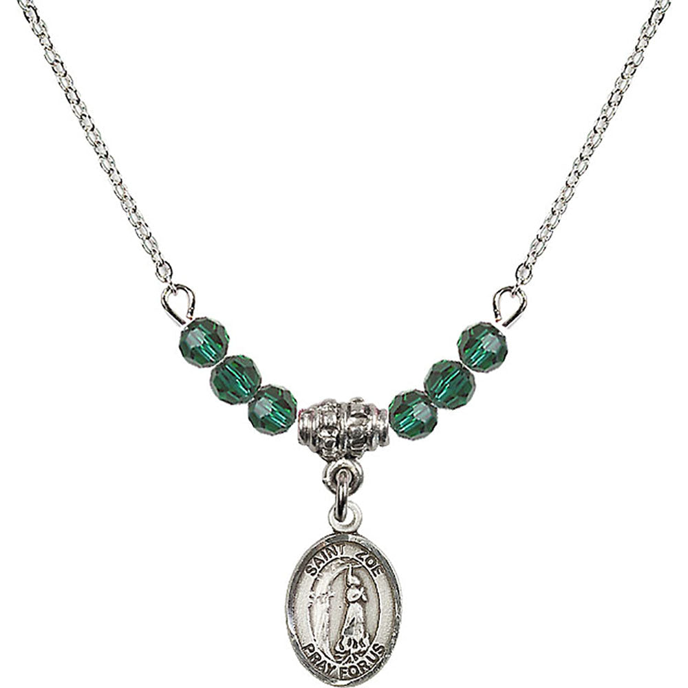 Sterling Silver Saint Zoe of Rome Birthstone Necklace with Emerald Beads - 9314