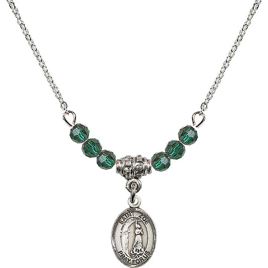 Sterling Silver Saint Zoe of Rome Birthstone Necklace with Emerald Beads - 9314